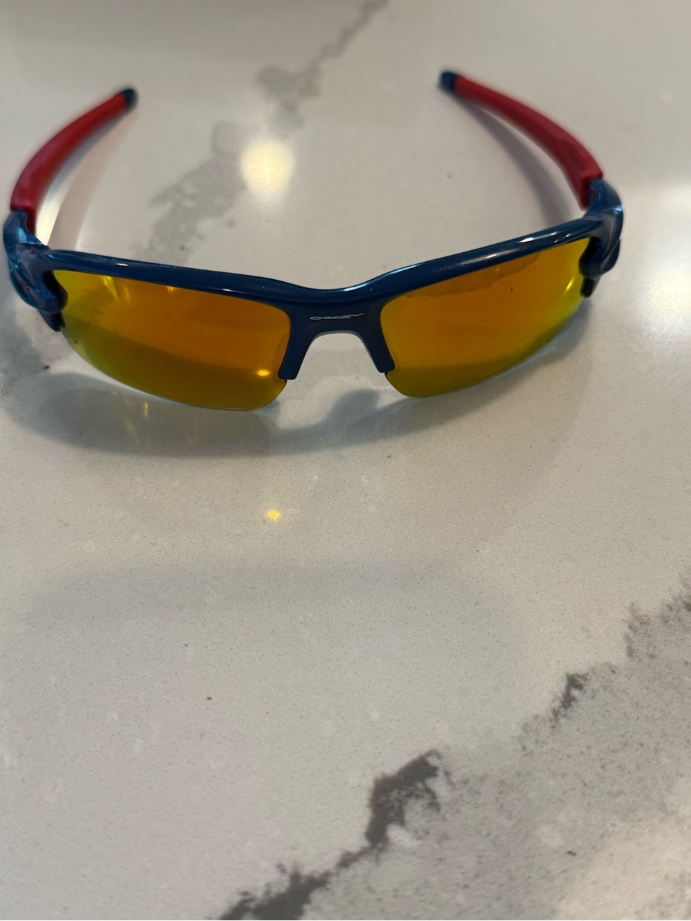 Oakley Kids Sunglasses Blue Frame with Red Temples and Yellow Mirrored Lenses